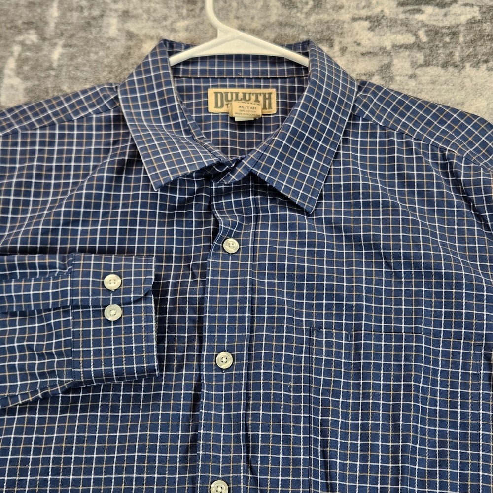 Duluth Trading Co Button Down Shirt Mens XL Tall Blue Grid Check Cotton